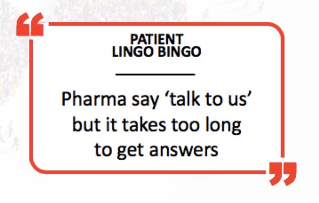 SuttyEmma's tweet photo. Is this your #PatientExperience when trying to partner with pharma? More #LingoBingo excuses for inertia in #PatientEngagement we hope to vanquish at #efppatient next week. Tell us more ... https://t.co/VEe2CqxwTV