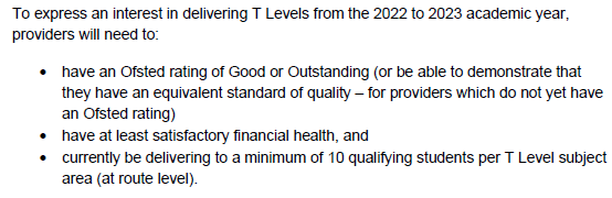 WarrenCres's tweet photo. Expression of interest to become a #TLevel provider from 2022 will launch in early January 2020. Approval criteria detailed below. #TechnicalEducation https://t.co/zYiXE6dfB9
