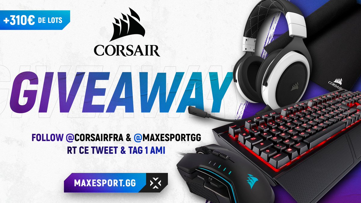 MaxesportFR's tweet photo. 🎁CONCOURS🎁

Aujourd'hui c'est un setup complet de périphériques @CORSAIRFRA qui est mis en jeu !

🖱️Glaive PRO RGB
⌨️K68
🎧HS70 Wireless
⬛️MM250 Champion Series

Pour participer :

- #RT ce tweet &amp; tag 1 ami
- Follow @CORSAIRFRA
- Follow @MAXESPORTGG
 
⏰Tirage au sort le 18/10 https://t.co/QWAyJ2a5uw