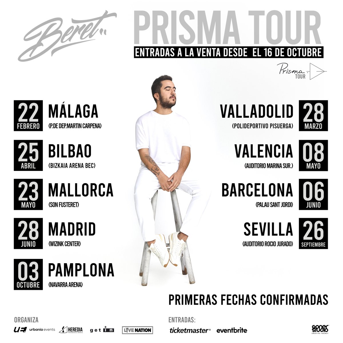 🌟 🆕 ¡<a href="/JavierBeret/">Beret</a> anuncia las primeras fechas de su gira Prisma Tour! 🆕🌟
Preventa para Valladolid, Mallorca, Valencia y Sevilla el 14 de octubre registrándote en livenation.es/login
Entradas a la venta el 16 de octubre en livenation.es y ticketmaster.es
