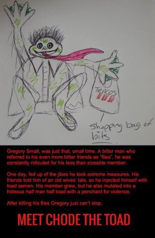 AnnaMycho's tweet photo. The #createakiller #Competition for Slasher House 3 is still going! Here’s an amazing entry from @AlexChurchyard Chode the Toad. Get em in to Mycho@live.co.uk or tweet them to @slasherhouse #WednesdayMotivation #horrorart #sharethehorror #HorrorMovies #indiefilmmaking #indieart https://t.co/MWi2PGhaNY