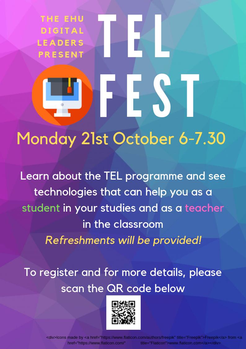 Not to be missed! Monday 21st October, 6-7.30pm. TEL FEST in the Faculty of Education Lakeside building E1 (main lecture theatre) scan the QR code below for more info and how to book on! @Sarah__wright1