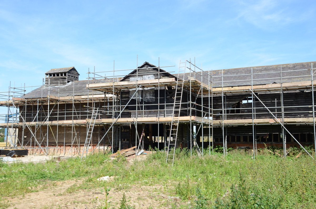 PocknellStudio's tweet image. External scaffolding is all in place ready to fix the roof and Essex weatherboarding.