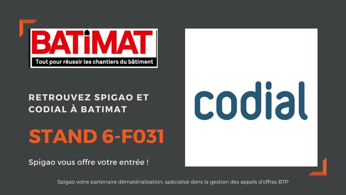 spigao_btp's tweet photo. Retrouvez @spigao_btp et @CODIAL_ au salon @Batimat pour une gestion intégrale de vos appels d'offre BTP !
Plus d'infos sur Batimat : https://t.co/HjdniGKAdF
#batimat #codial #appelsdoffres #btp #spigao https://t.co/5HeGKCawvF