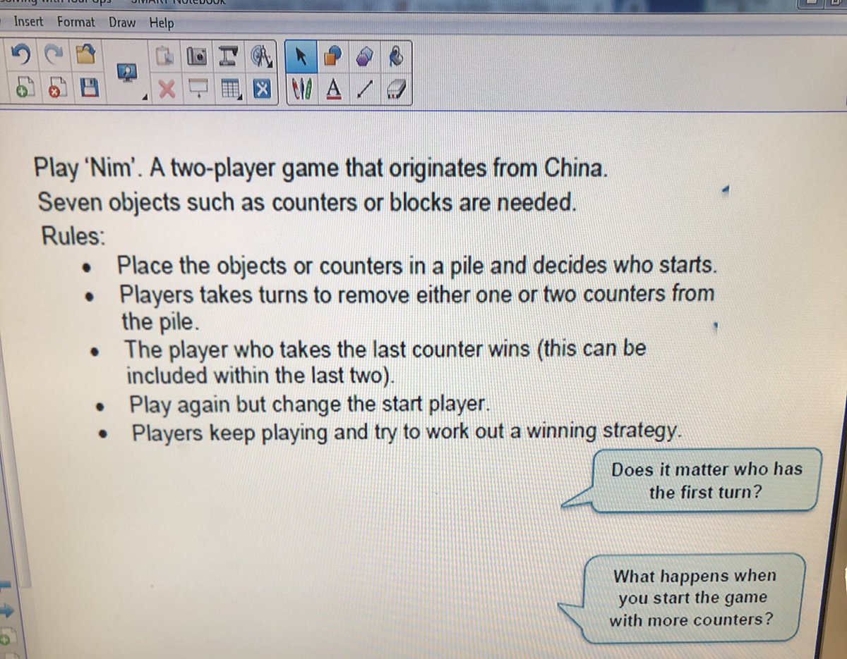 MrsMaloneCTS's tweet photo. Practising working backwards as a strategy through the use of a Chinese game called βNimβ. The children were able to justify their movements and find a strategy that ensured they would win! #CTmaths @MissWCTS1 https://t.co/Z93tFpwhby