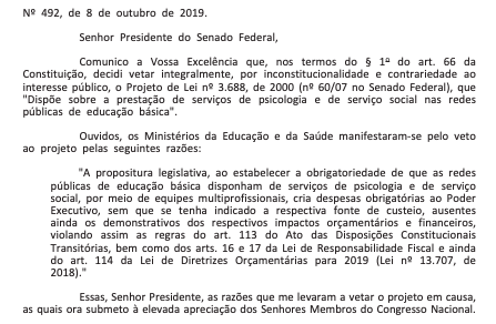 Resultado de imagem para Bolsonaro veta integralmente projeto de psicologia e assistência social em escolas públicas