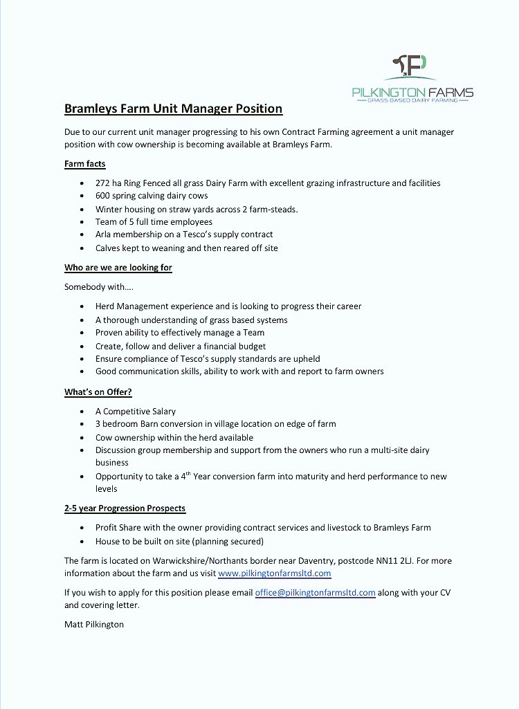 mattpilks1's tweet photo. DAIRY UNIT MANAGER POSITION AVAILABLE with stock ownership on spring calving herd. Due to our current unit manager progressing to his own Contract farming agreement the position at Bramleys Farm has become available. Please see attached info sheet. RT’s appreciated #teamdairy https://t.co/DKbhPHeipa