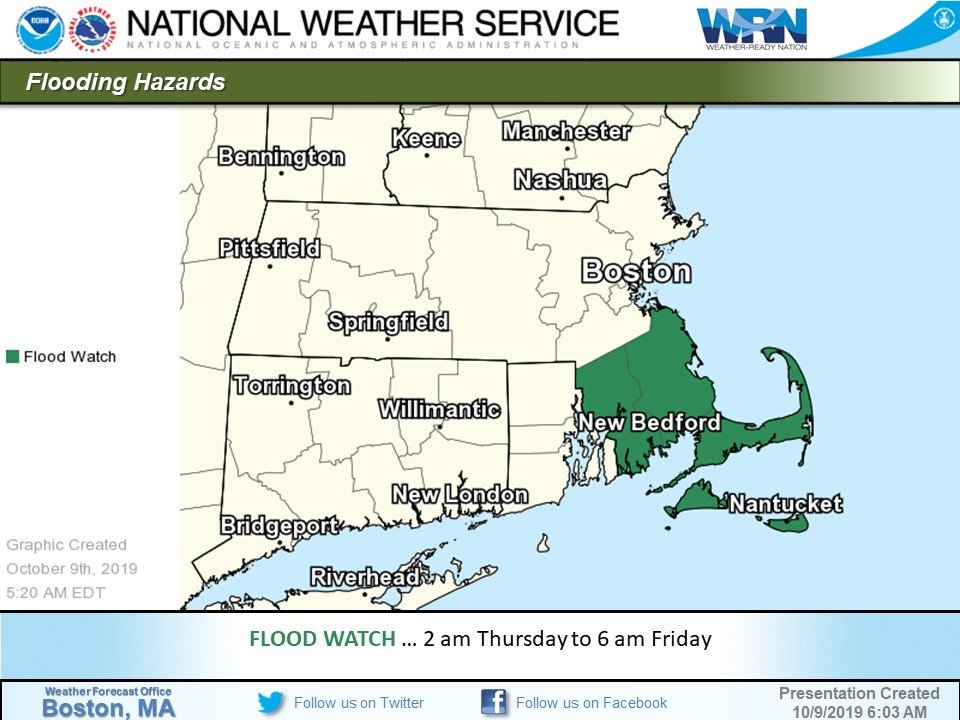 NWSBoston's tweet photo. [Inland Flooding]

Forecasting roughly 3-6 inches across E/SE MA &amp; RI. Locally higher amounts w/ storm total rainfall amounts up to 8 inches possible now through Friday. 

Potential urban, poor-drainage issues, esp along the coast during high tides &amp; forecast storm surge / waves. https://t.co/hFU1I3EJdM