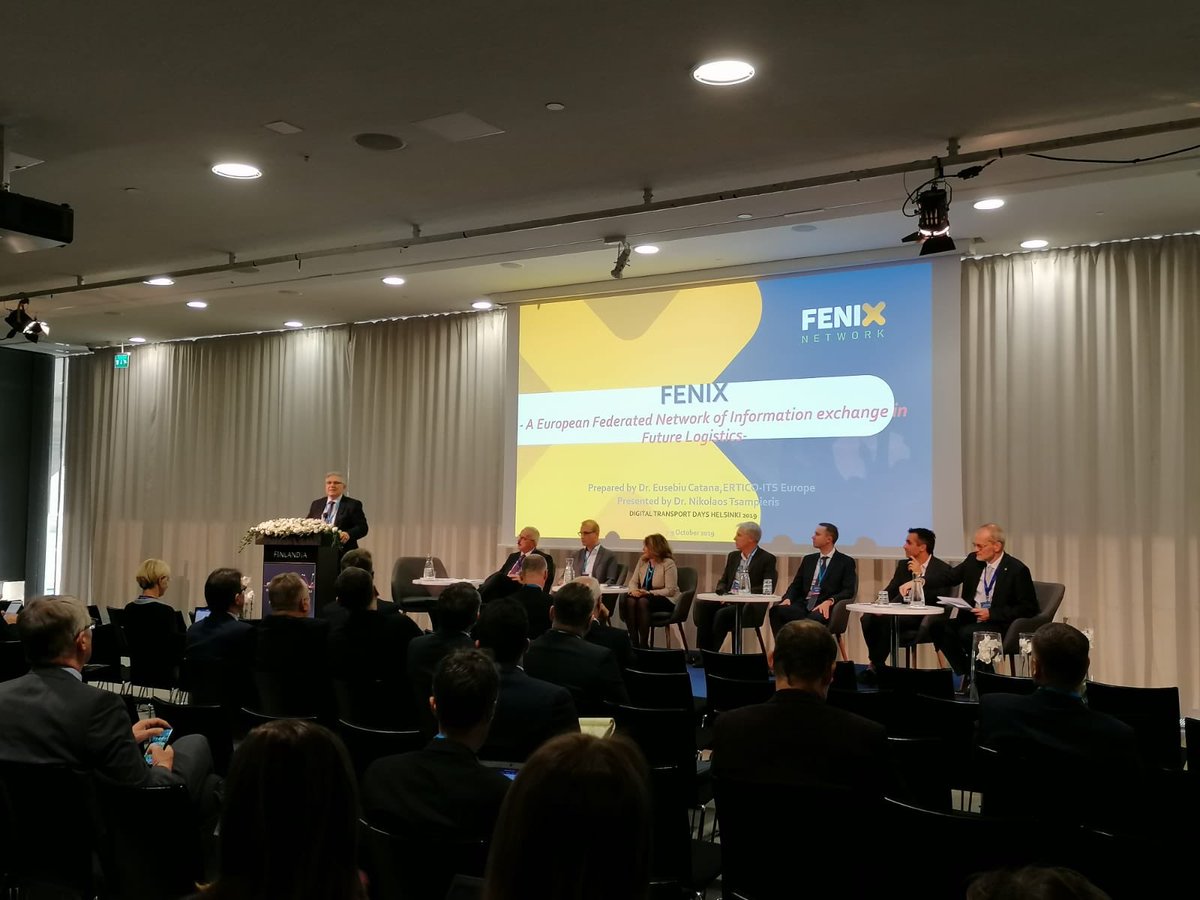 ERTICO's tweet image. Information exchange is key for an efficient #supplychain - Our logistics expert Nikos Tsampieris presents future #logistics network and new ERTICO-led #FENIXproject at  #DigitalTransport days in Helsinki!#EU2019FI @inea_eu