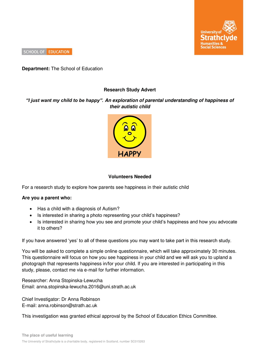 ALewucha's tweet photo. For my dissertation project I designed a simple online questionnaire exploring the concept of happiness. I would like to invite parents/guardians to share their experiences of how they see their child’s happiness expressed. #Autism #parenting #happiness https://t.co/IUpdqOpXy4