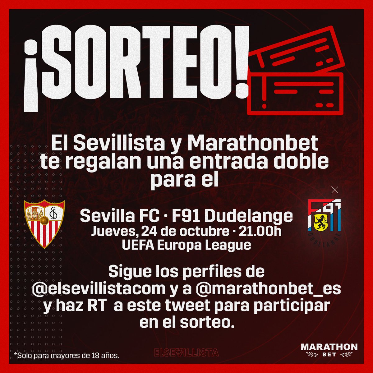 elsevillistacom's tweet photo. ❤️⚪️🎉¡SORTEO!🎉⚪️❤️

El Sevillista y @Marathonbet_es te regalan una entrada doble para el #SevillaFC vs. @F91Diddeleng de #UEL. 

➕🔁¡Haz RT a este tweet, sigue a ambas cuentas y entrarás en el sorteo!

Mucha suerte🤞🏽 https://t.co/wwlmmp9AT1
