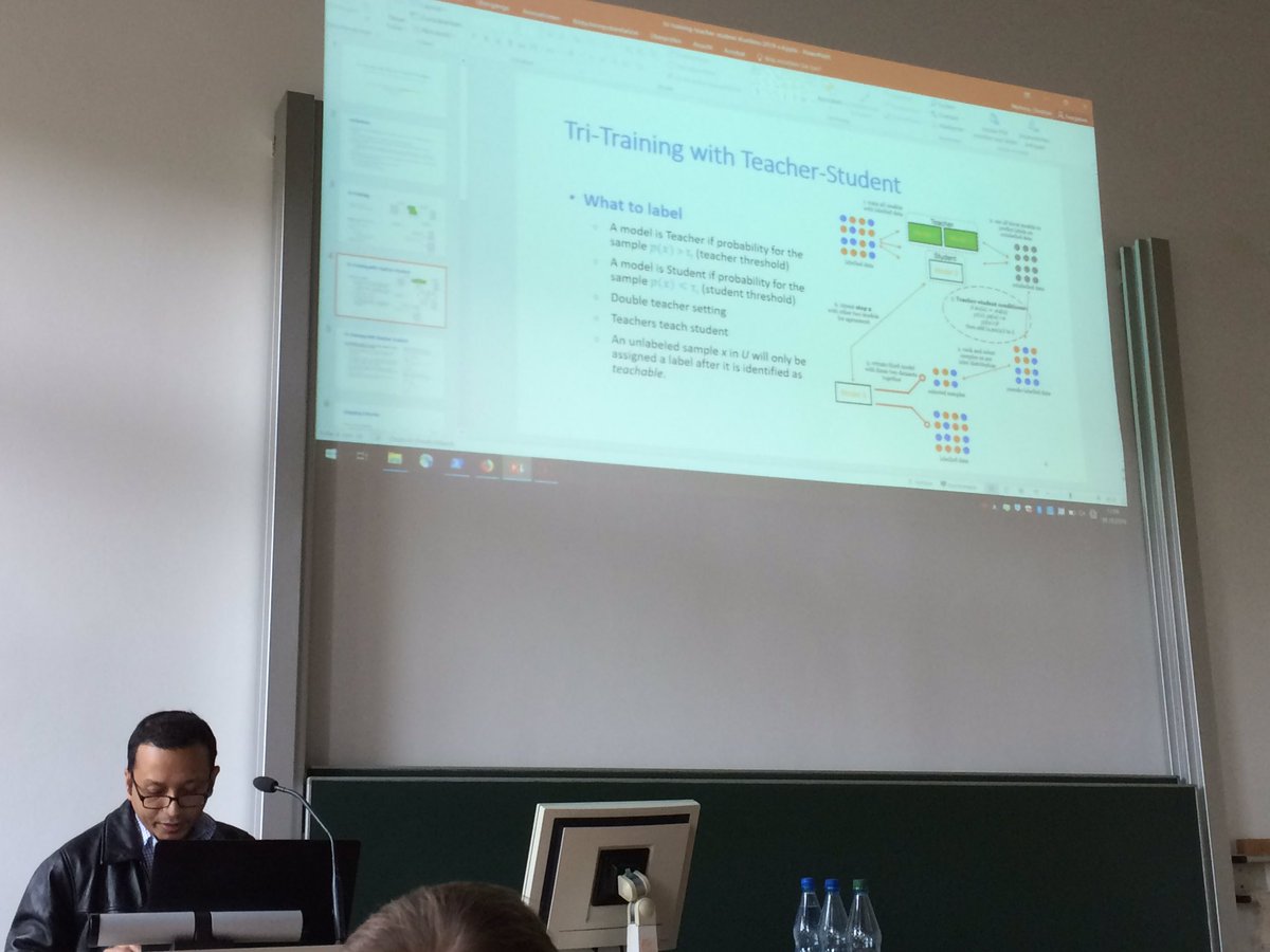 Jalal Mahmud from IBM presents a Teacher-Student Learning Paradigm for Tri-Training: an efficient method for unlabeled data exploitation. #Konvens2019