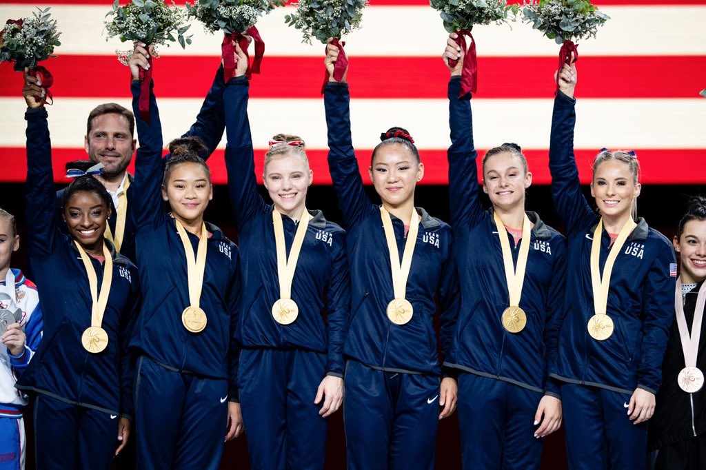 Simone_Biles's tweet photo. we did the damn thing 🥇 
2019 world champions https://t.co/tGrnnevF2t