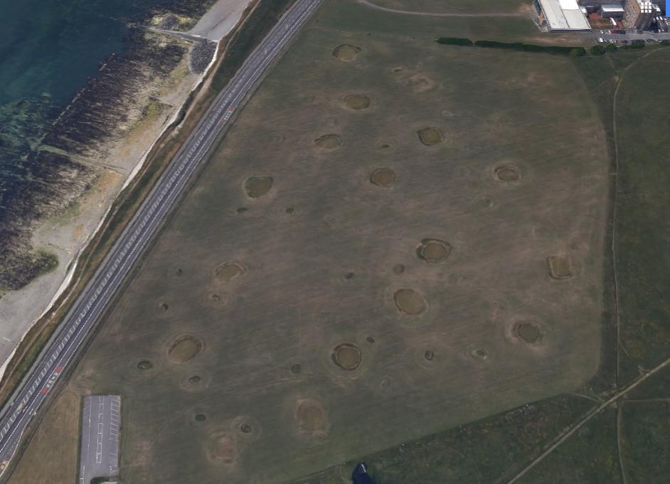 Geoinvestigate's tweet photo. Are these #sinkholes in the #Chalk? No more likely the footprint of a WW2 bombing raid by the Luftwaffe on the #SouthCoast between #Brighton &amp; #Rottingdean #EastSussex? #Deskstudy #siteinvestigation of adjacent site identifies possible #UXO hazard. Nice aerial &amp; #LIDAR imagery. https://t.co/T8jgJvKzQG