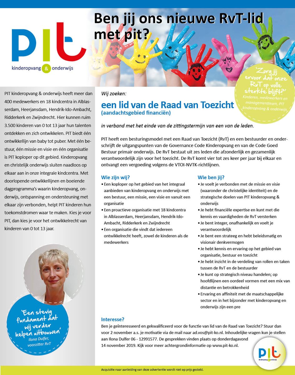 PIT_k_o's tweet photo. Wij zoeken helpende handen in de vorm van een nieuw lid voor onze Raad van Toezicht (aandachtsgebied financiën)! Lijkt het je leuk om een belangrijke bijdrage te leveren aan een koploper op het gebied van kinderopvang &amp; onderwijs? We komen graag in contact met je! #vacature https://t.co/PahP9ifMJM