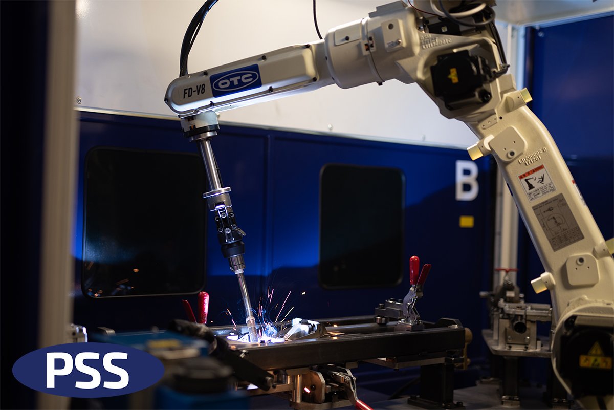 Our #RoboticWelding cell consists of an <a href="/OTCDAIHEN/">OTC DAIHEN, Inc.</a> robotic #Welding arm which is programmed through the use of a control panel remote allowing an operative to program any #CNC code to this robot.

Read more: pss.co.uk/pss-robot-weld…