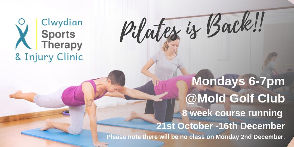Peacockclinic's tweet photo. 🧘‍♀️ Pilates is Back!! 🧘‍♀️

8 week course running 21st October until the 16th December. Monday evenings 6-7pm @ Mold Golf Club.

Sign up here: https://t.co/sG2nUiOrd7

#Pilates #Strength #core #posture #flexibility #balance #coordination #stress #tension #golf #sportstherapy https://t.co/ym1hgBrwmP