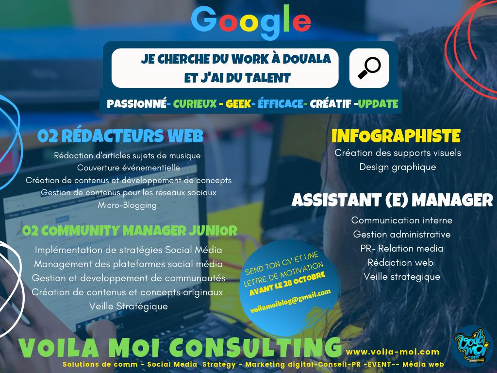 alainyoudjeu's tweet photo. OFFRE DE STAGE chez #VoilaMoiConsulting

•Rédacteurs web
•Community Managers
•Assistant Manager
•Infographiste

Si tu peux relever le défi et rejoindre la team, envoie :

•CV + Lettre de motivation 
•voilamoiblog@gmail.com
•Dead line : 28 octobre

RT appréciés https://t.co/2kmwpj6jXH