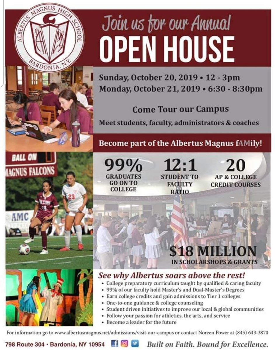 AMHSFalcons's tweet photo. Join us for our annual Open House!
Sunday, Oct. 20 at 12:00pm
Monday, Oct. 21 at 6:30pm

Stop by our "Coaches Corner" &amp; learn more about the athletic opportunities that await you! Become part of the Albertus Magnus fAMily! #GoFalcons @AlbertusHS https://t.co/4p5dHCdaQS