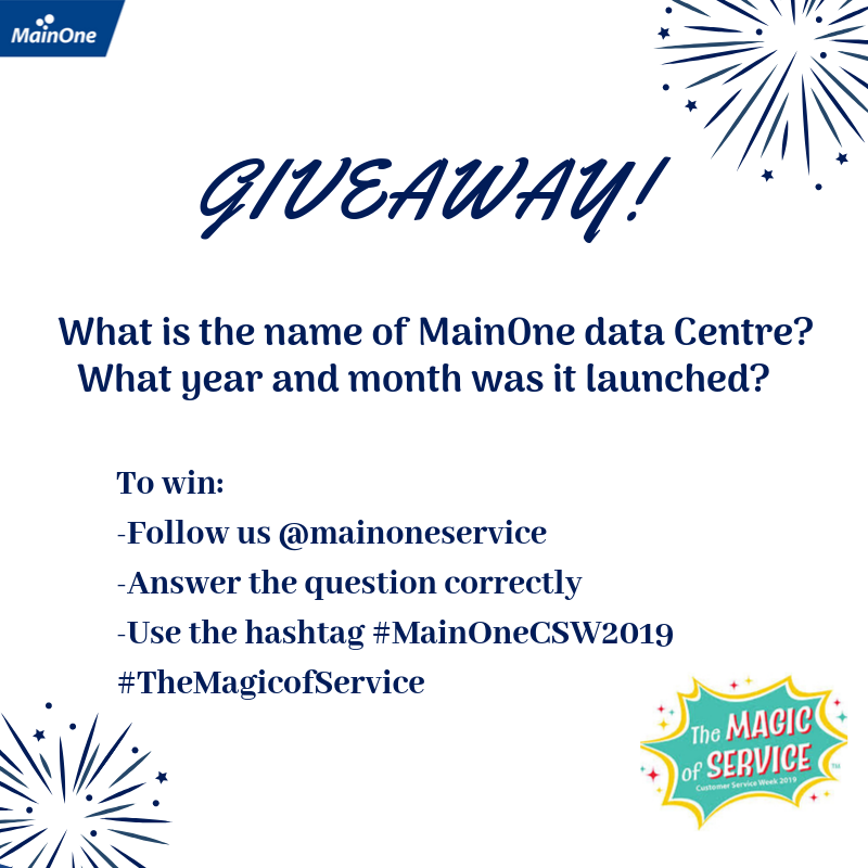 Mainoneservice's tweet photo. It's Giveaway 0'clock💃🏾
Stand the chance to win amazing prices!
Keep your comments rolling in😁
Stay posted as all winners will be communicated on Friday
#MainOneCSW2019 #CustomerServiceWeek2019 #TheMagicOfService #Giveaway https://t.co/vVLzbdWVyd