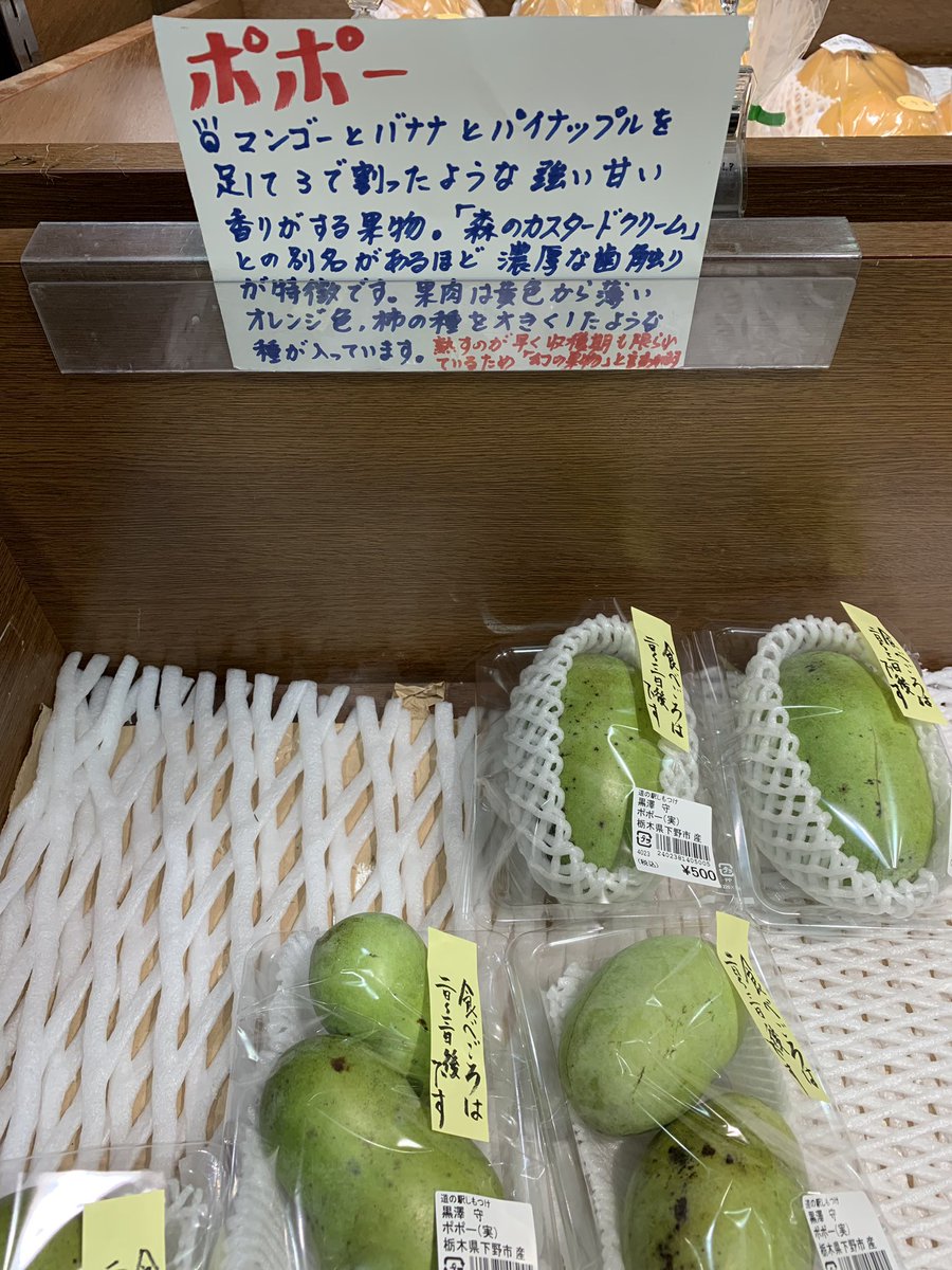 ポッポ 栃木の道の駅で見かけ ようやく食べ頃になった ポポー マンゴーとバナナとパイナップルを足して3で割った 森のカスタードクリーム ネットリとした食感の 台湾の釋迦頭に似た香りの強いフルーツでした 調べてみるとバンレイシ科でまさに釋迦