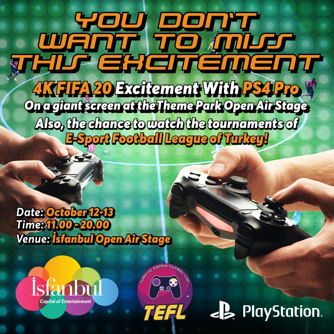 Herkes yerini alsın! Heyecan dolu anlar başlıyor! İsfanbul Tema Park’ta, Türkiye’nin en büyük Açıkhava Led ekranında PS4 Pro ile 4K FIFA 20 heyecanını yaşamak istiyorsan, 12 - 13 Ekim’de İsfanbul Tema Park’ta Açıkhava Sahnesi’nde buluşalım. 🎮 <a href="/tefligi/">Türkiye Espor Futbol Ligi</a> 
Bizce bu heyecanı kaçırma!