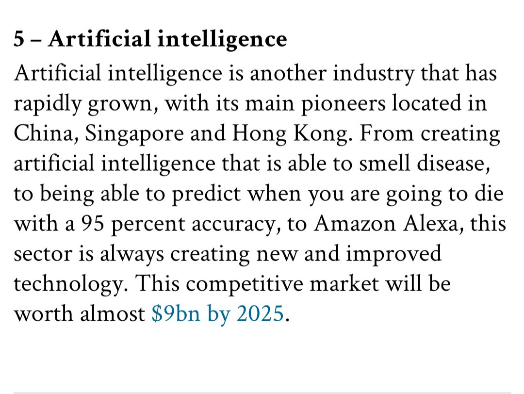Top 5 of d fastest-growing industries in d world.
In a world that constantly changes thanks to new technologies, here r 5 of d fastest growing industries

-Renewable energy
-Cybersecurity
-Biotechnology
-Virtual reality
-Artificial intelligence

Frm
World Finance
Millicent Angel