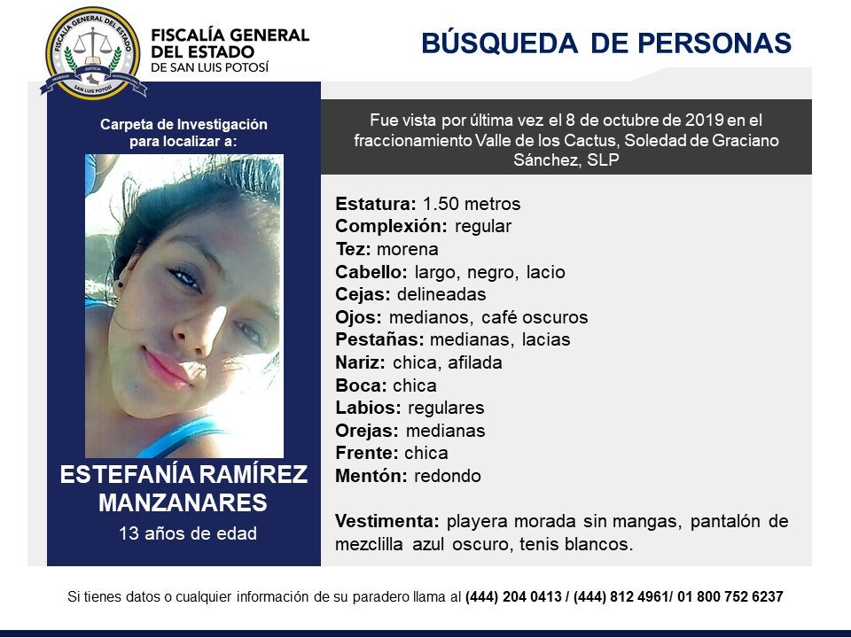 Solicitamos tu colaboración y #RT para localizar a Estefanía Ramírez Manzanares. Fue vista por última vez en #SGS, #SLP.
