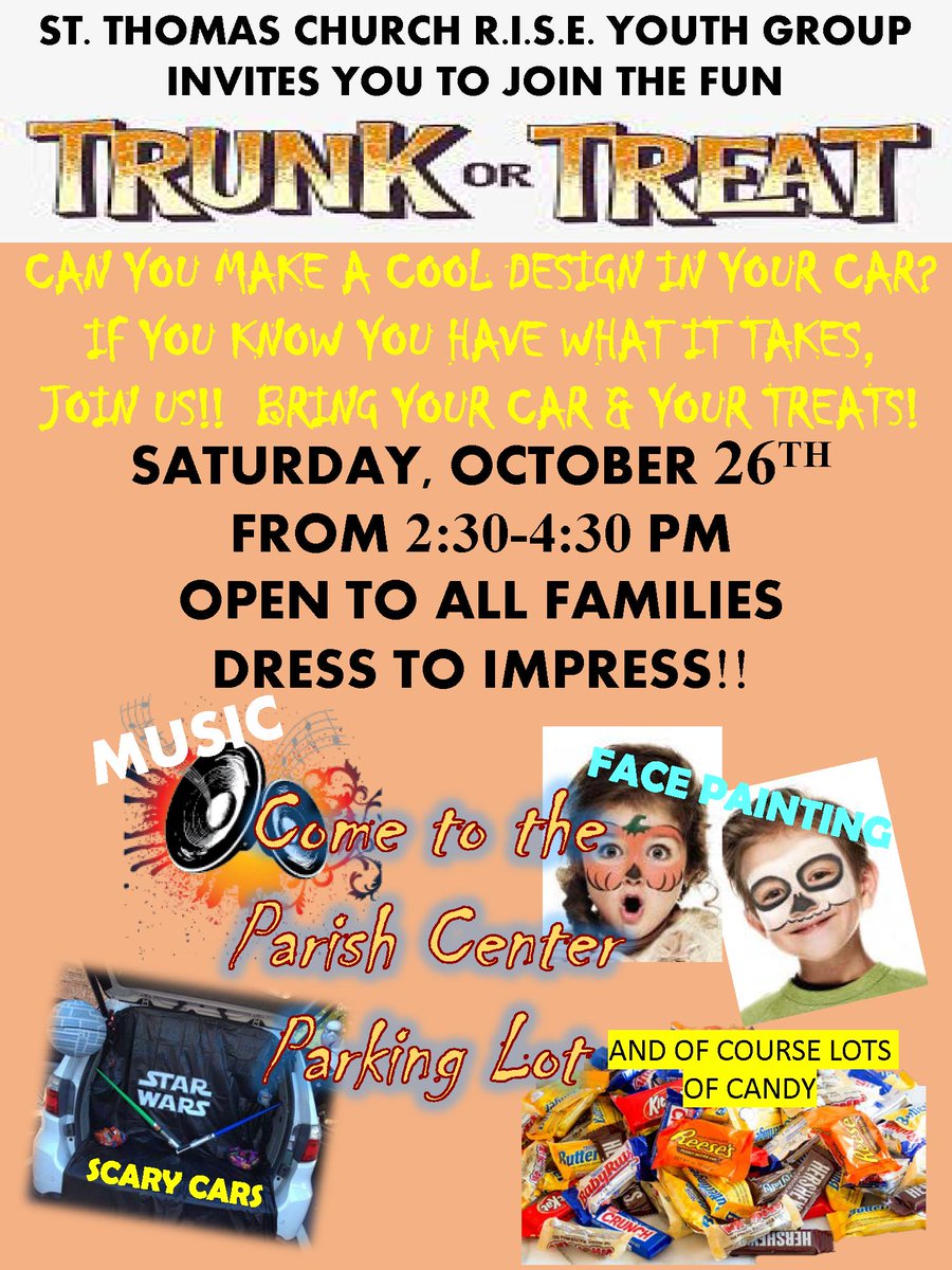 StThomasNorwalk's tweet photo. Join us, Saturday, Oct. 26 for our yearly Trunk a Treat party!! Dress to impress.  #music #facepaint #friends #StThomasYouthGroupRise #norwalk #church #halloween #trunkatreat #candy #Candyhunt #churchfamily #kids 
@StMatthewNorwlk @StPhilipYouth @StJeromeNorwalk
 #volunteers https://t.co/KBFX50otNV