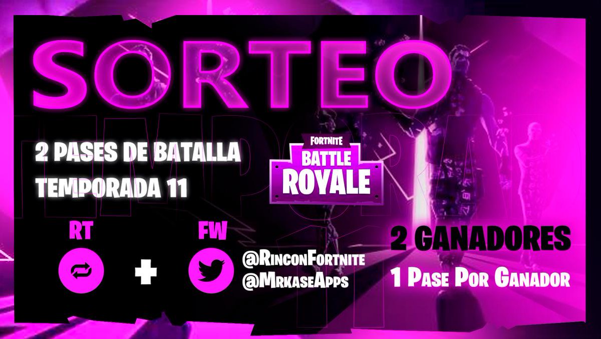 RinconFortnite's tweet photo. 🏆SORTEO 2 PASES DE BATALLA🏆

Para participar muy facil: 

-Seguir a @RinconFortnite y @MrkaseApps ✅

-Dar RT 🔁

Podéis descargar la app aqui: https://t.co/0pK8pguqYB

🥇Finaliza el domingo 13, dos ganadores🥇

🍀Suerte a todos🍀 https://t.co/04wBT9Nsem