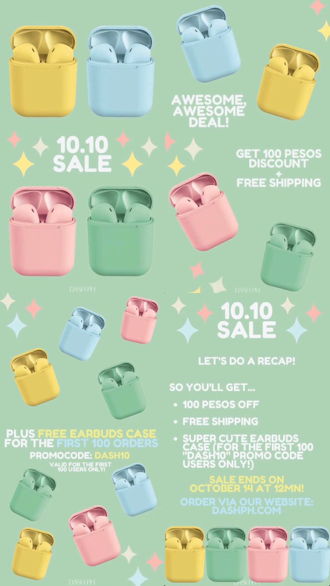 JaceRoque_'s tweet image. Dash PH 10.10 SALE! 😍

Get P100 off, FREE SHIPPING and FREE EARBUDS CASE when you use the promo code “DASH10”. Limited to the first 100 users only! This is valid until October 14, 2019.

SHOP HERE: dashph.com

#DashPH #PastelDreamsEarbudsCollection #Earbuds