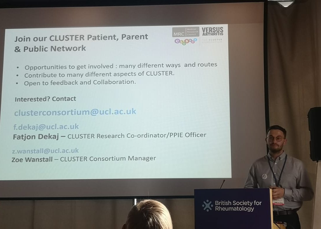ClusterConsortium (@cluster_tweet) on Twitter photo Thank you to everyone who attended the CLUSTER Patient, Parent and Public Network talk.
#BSPAR2019
<a href="/VersusArthritis/">Versus Arthritis</a> <a href="/CCAA_org/">CCAA - Kids With Arthritis (JIA)</a> <a href="/JARProject/">JAR Project (now on B___sky)</a> <a href="/iCANIreland/">iCAN Ireland</a> <a href="/RheumatologyUK/">BSR</a>
For more information on the network, visit clusterconsortium.org.uk or contact clusterconsortium@ucl.ac.uk Thank you to everyone who attended the CLUSTER Patient, Parent and Public Network talk.
#BSPAR2019
<a href="/VersusArthritis/">Versus Arthritis</a> <a href="/CCAA_org/">CCAA - Kids With Arthritis (JIA)</a> <a href="/JARProject/">JAR Project (now on B___sky)</a> <a href="/iCANIreland/">iCAN Ireland</a> <a href="/RheumatologyUK/">BSR</a>
For more information on the network, visit clusterconsortium.org.uk or contact clusterconsortium@ucl.ac.uk