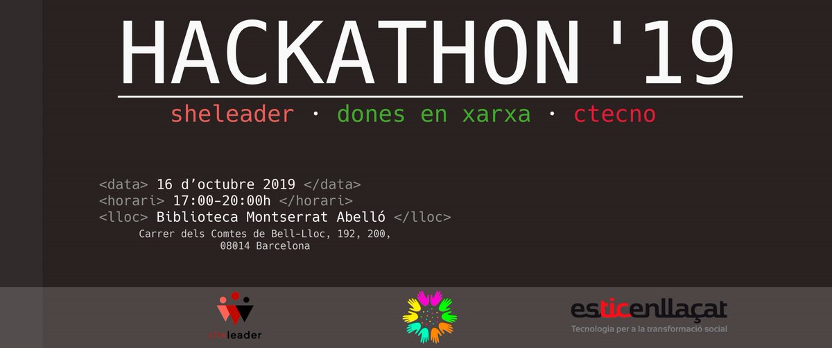lourdesmunoz's tweet photo. #Hackathon19 ♀️👩💻co-creant eines digitals per apoderar a les dones
📣PERFILS: Project Manager Digital / Desenvolupadorxs Drupal / Usabilitat
📆16/10 #BCN Inscriu-te ara!! https://t.co/8fBEcgdPKc https://t.co/mllEzMmDx4