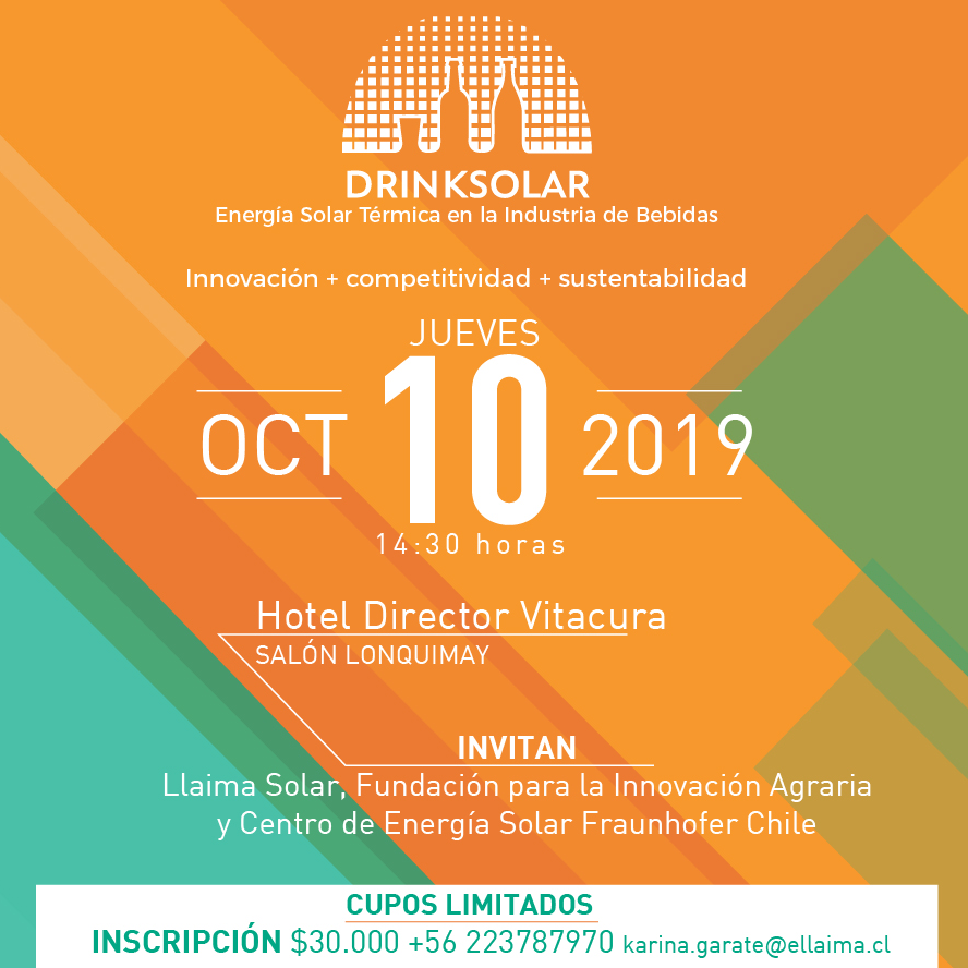 SmartEnergyCL's tweet photo. No te pierdas este interesante seminario organizado por @FraunhoferChile y  Llaima Solar : "Drink Solar" 🥛🍷🍺☀️> "uso de tecnologías solares en producción de bebidas". Más información aquí: https://t.co/CFVXSnswZD https://t.co/Dm7Z2x18o4