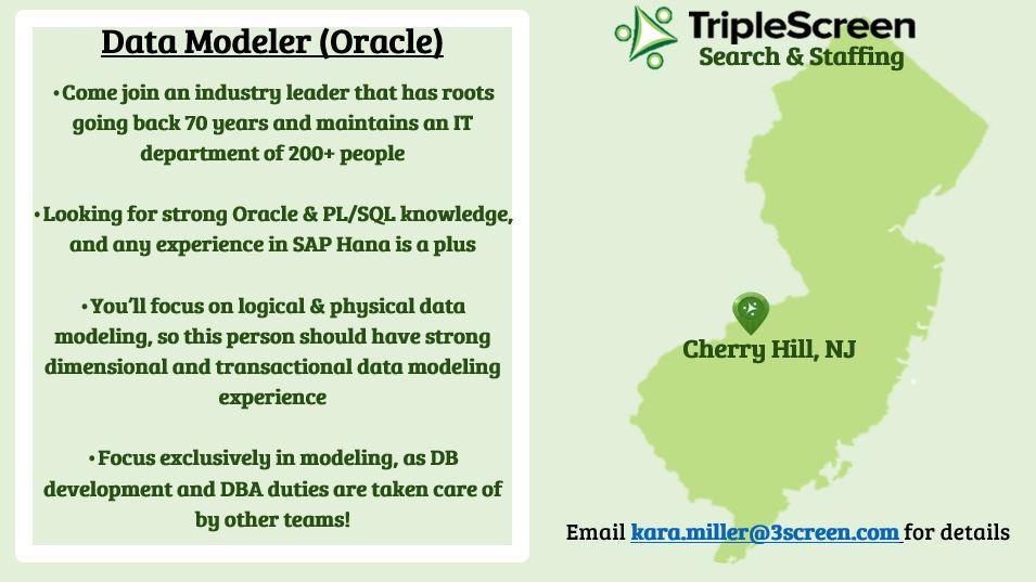 TripleScreen1's tweet image. Looking for an experienced Oracle #DataModeler who knows #Oracle inside & out, including PL/SQL experience. This company has been ranked as one of the Best Places to Work multiple times, email Kara.Miller@3screen.com for details. #triplescreenstaffing #saphana #techjobs #NJ