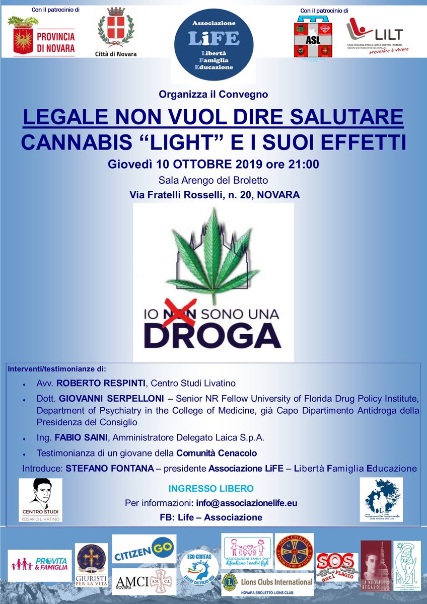 LiFE_Novara's tweet photo. Legalizzare la #cannabis #light è un bene? E la #commercializzazione?
Ne discutiamo giovedì 10 ottobre a Novara con #Serpelloni, #Respinti, #Saini e #Comunità #Cenacolo.
Evento organizzato da #LiFE - #Libertà #Famiglia #Educazione 
#10ottobre2019 
#Cannabislight
#NoDrugs
#Novara https://t.co/pHa3DQlyCN