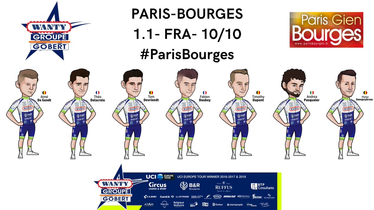 We're in 🇫🇷 for the 69th edition of @PGienBourges with the following riders:

🇧🇪 @AimeDeGendt 
🇫🇷 @TheoDelacr0ix 
🇧🇪 @TomDevriendt 
🇫🇷 @FabienDoubey 
🇧🇪 @timothydupont 
🇮🇹 @AndreaPasqualon 
🇧🇪 @VsbPieter 

#ParisBourges #RideForAntoine #TeamWGG