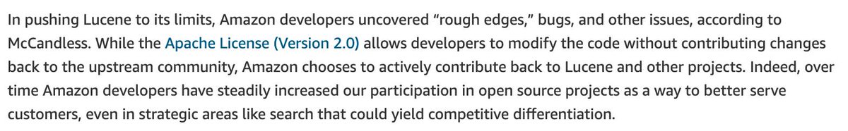 One more thing I love about <a href="/awscloud/">Amazon Web Services</a>: the chance to serve customers (and the broader open source community) by actively contributing to the projects upon which our customers depend, as <a href="/mikemccand/">Michael McCandless</a> and the Amazon product search team do with <a href="/ApacheLucene/">Apache Lucene</a>  aws.amazon.com/blogs/opensour…