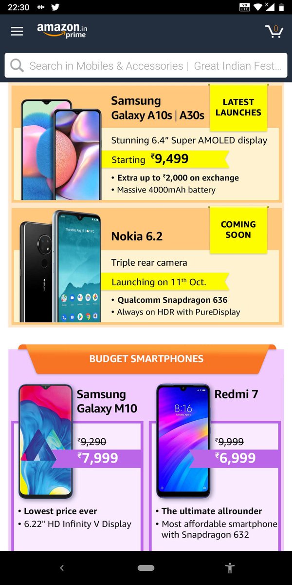 LoveNokiaBlog's tweet photo. Amazon India's Festive Deals page lists Nokia 6.2. Launching in India on 11th October.
#Nokia6.2 #PureDisplay #AmazonIndia #GreatIndianFestival #NokiaMobile #LoveNokia https://t.co/Rf5DDiLh8R