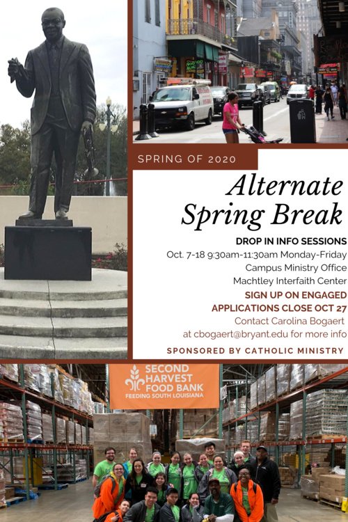 Interested in traveling during Spring Break? Come to the Interfaith Center tomorrow, October 10, from 9:30am - 11:30am to hear all about 2020's Alternate Spring Break event. Applications are open on Engaged until October 27.