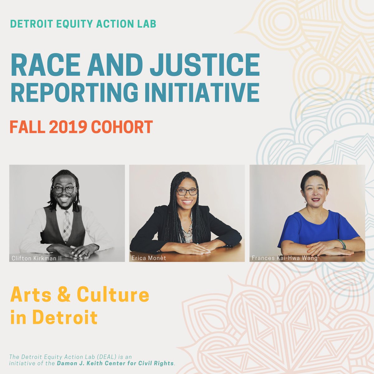 MGuzman_Detroit's tweet image. Thrilled to announce the Fall 2019 Race and Justice Reporting Fellows at the Damon J. Keith Center for Civil Rights. Fellows will report on stories at the intersection of art &amp;amp; culture and race and justice. @SirKirk_Man @fkwang Erica Monèt. @Detroit_Equity @FordFoundation @cfsem