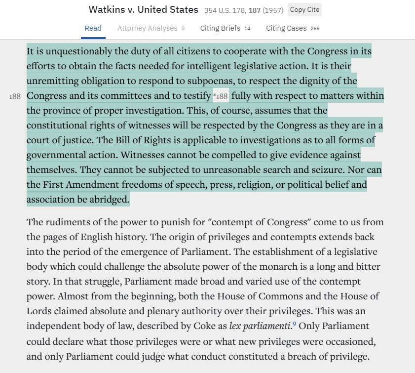 Yesterday in this thread we looked at how the Founders saw the impeachment process, today we'll look at the (scant) case law cited by the White House's letter.Spoiler: it doesn't support them. Here, for example, are the very pages cited by the WH's footnote 8./8