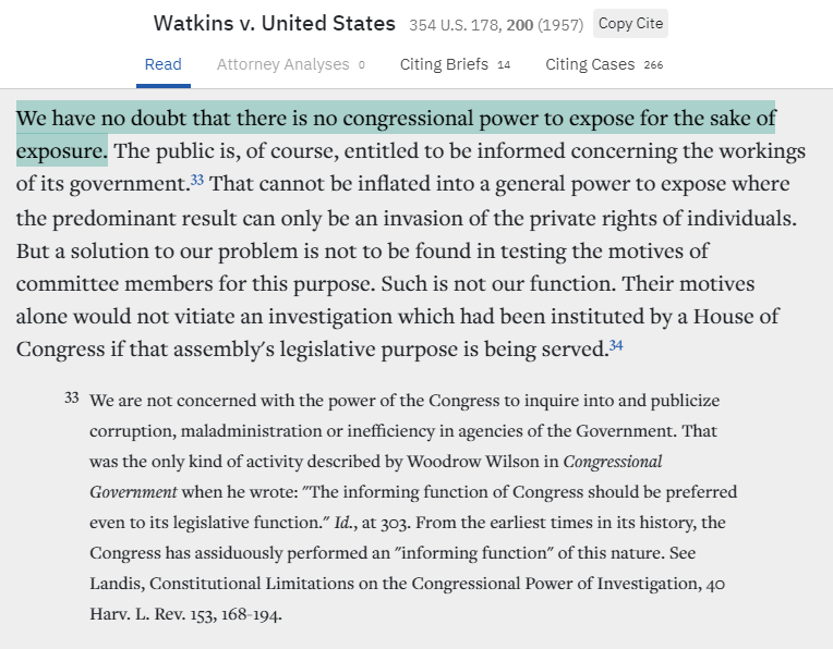 Watkins & Quinn, arising from the Committee on Un-American Activities, recognized Fifth Amendment rights at Congressional hearings.Two problems for Trump: nobody has invoked the 5th (yet), and SCOTUS recognized Congress can "inquire into and publicize" gov't misconduct./9