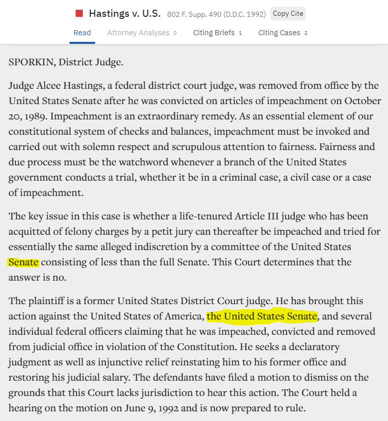 The WH's footnote 10 case at least relates to impeachment (of a judge), but it is, ahem, about trial in the *Senate.* The opinion was also vacated in a single-sentence order from the D.C. Circuit./10