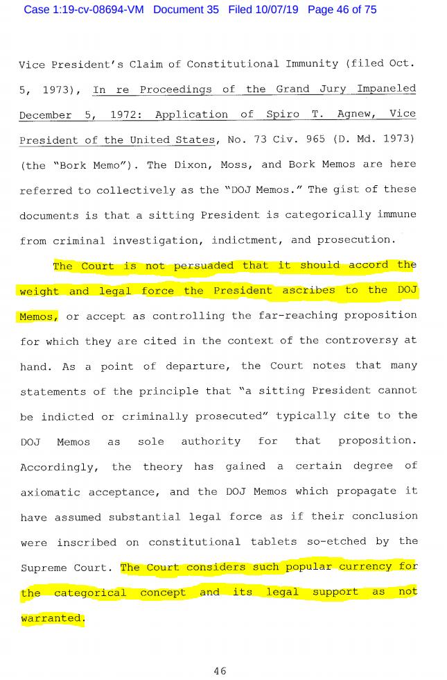 These citations by the WH to the DOJ's Office of Legal Counsel, most of them Trump's own OLC, are worthless. Congress doesn't have to follow OLC memos. Federal courts don't follow them either; just two days ago SDNY granted OLC memos no weight and rejected several of them./11