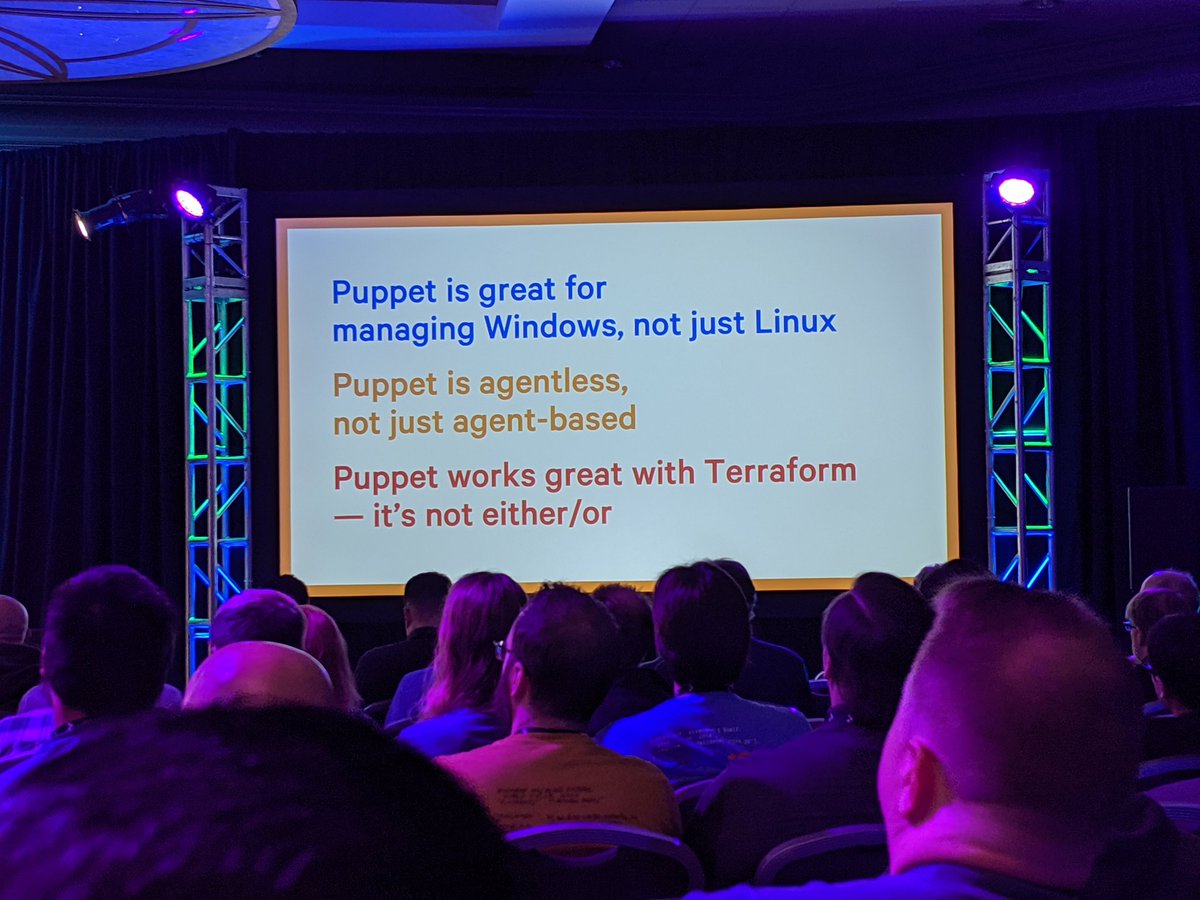 example42's tweet image. #puppetizePDX kick off at @puppetize automation conference now with integrated security and cloud native