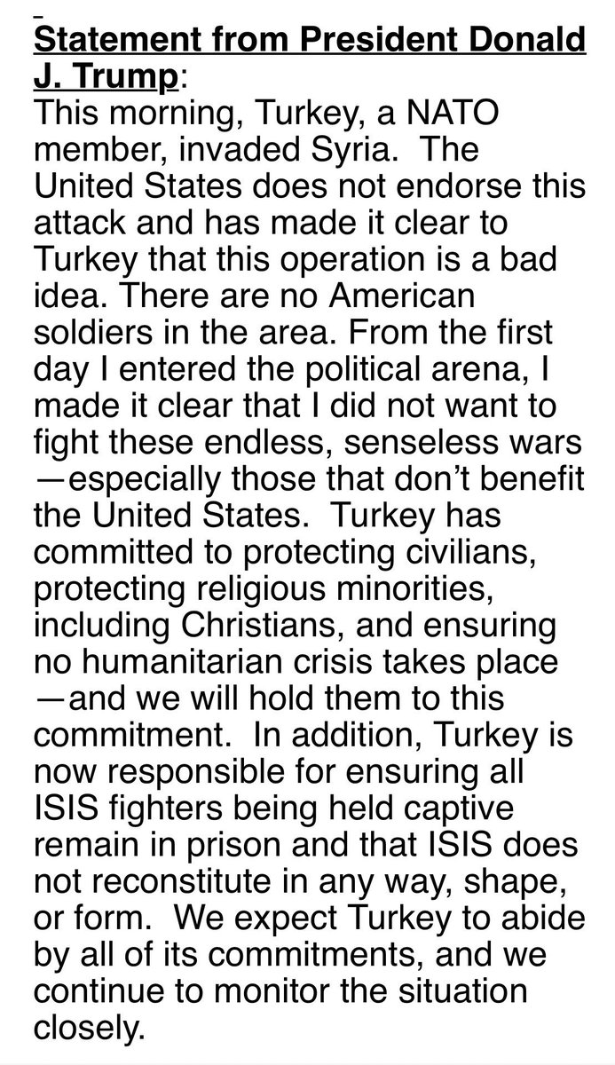 Acosta's tweet photo. Trump statement released by WH says US thinks Turkey’s invasion of Syria is a “bad idea.” https://t.co/0k0QIaZEiL