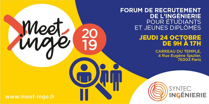 Meet’Ingé, le 𝟏𝟖𝐞 𝐟𝐨𝐫𝐮𝐦 𝐝𝐞 𝐫𝐞𝐜𝐫𝐮𝐭𝐞𝐦𝐞𝐧𝐭.
JEUDI 24 OCTOBRE de 9h à 17h au CARREAU DU TEMPLE à PARIS. Venez nombreux!
+ d'infos: meet-inge.fr