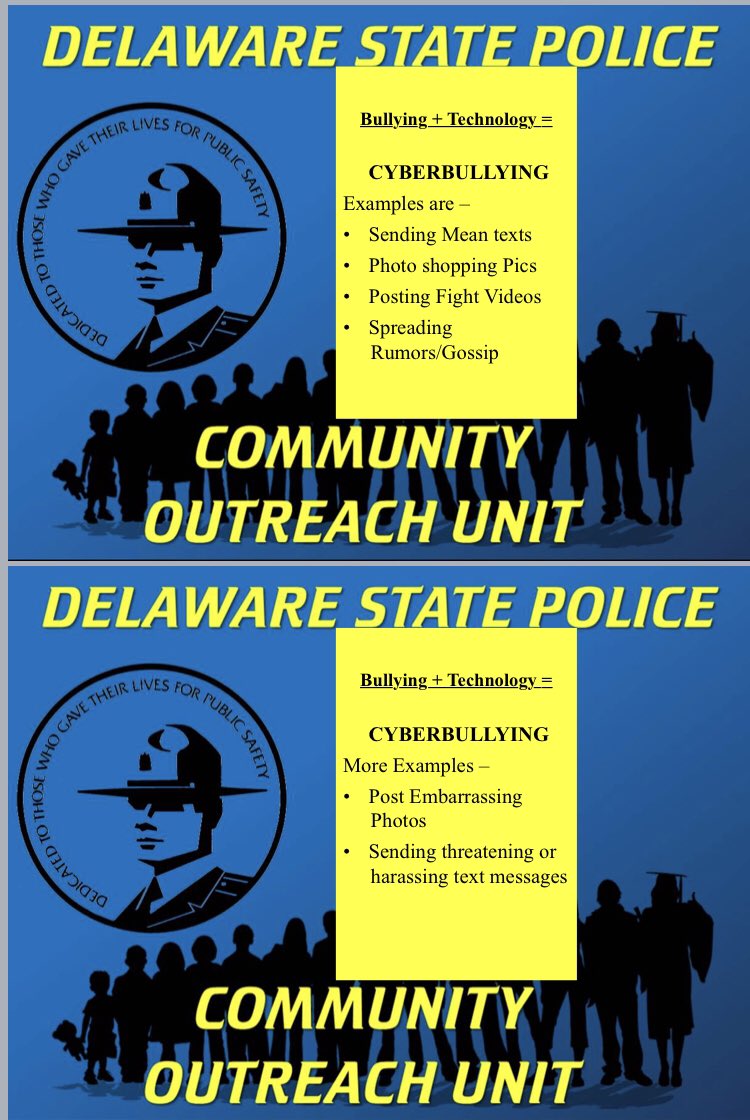 What is cyberbullying? Last night Cpl/3 Colmery <a href="/DEStatePolice/">Delaware State Police</a> explained the different types of bullying that can happen online. #NationalBullyingPreventionMonth