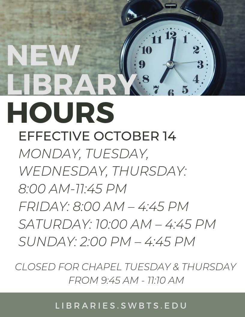 SWBTSlibraries's tweet photo. Starting on Monday, October 14 #RobertsLibrary will have new hours! https://t.co/SeWw9MQKjr